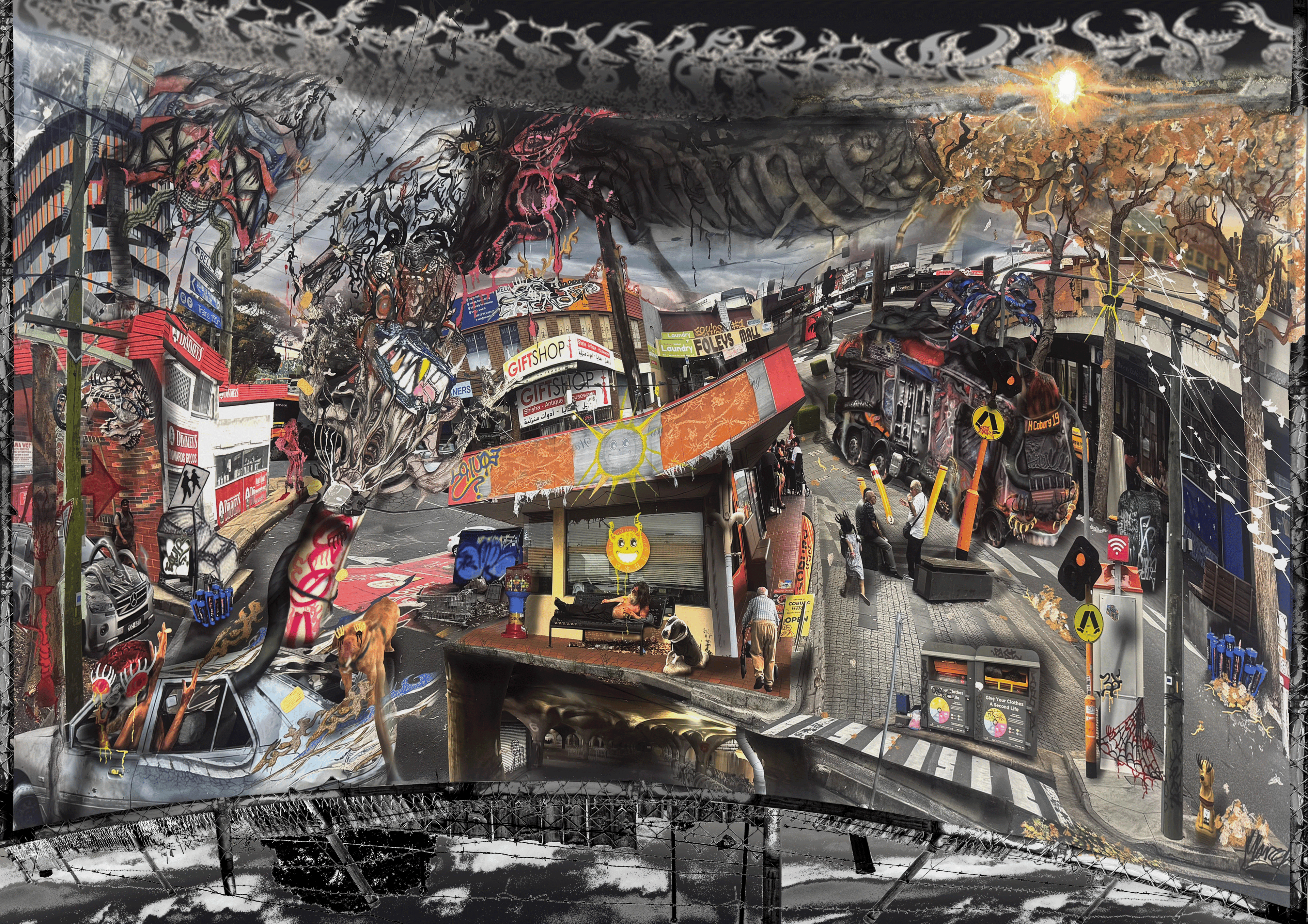 A dense, highly detailed street-art mixed media style painting depicting a busy urban scene in Melbourne with graffiti, pedestrians, vehicles, trees, and layered graphic elements in black, white, gray, red, orange, blue, gold, and pink. 